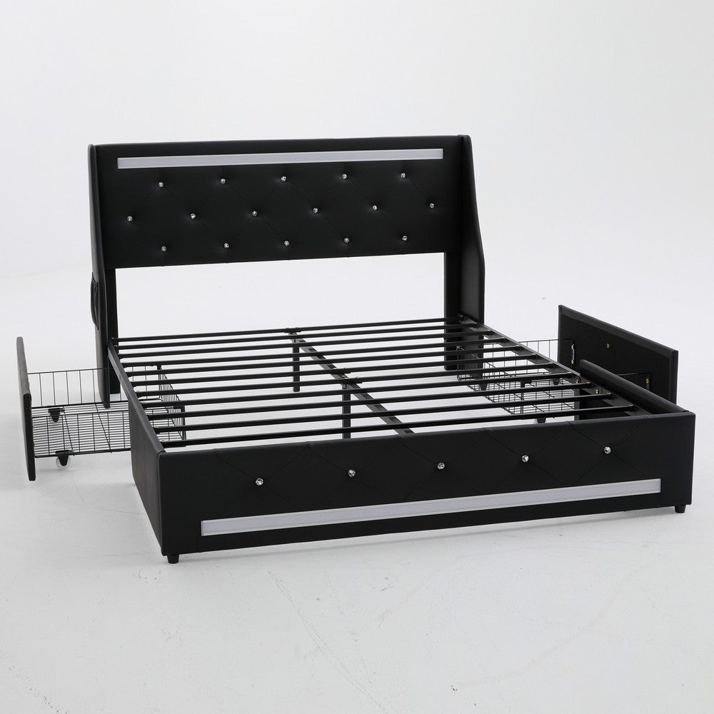 Lesly Storage Full Bed | LED Wingback Headboard | Black Faux Leather