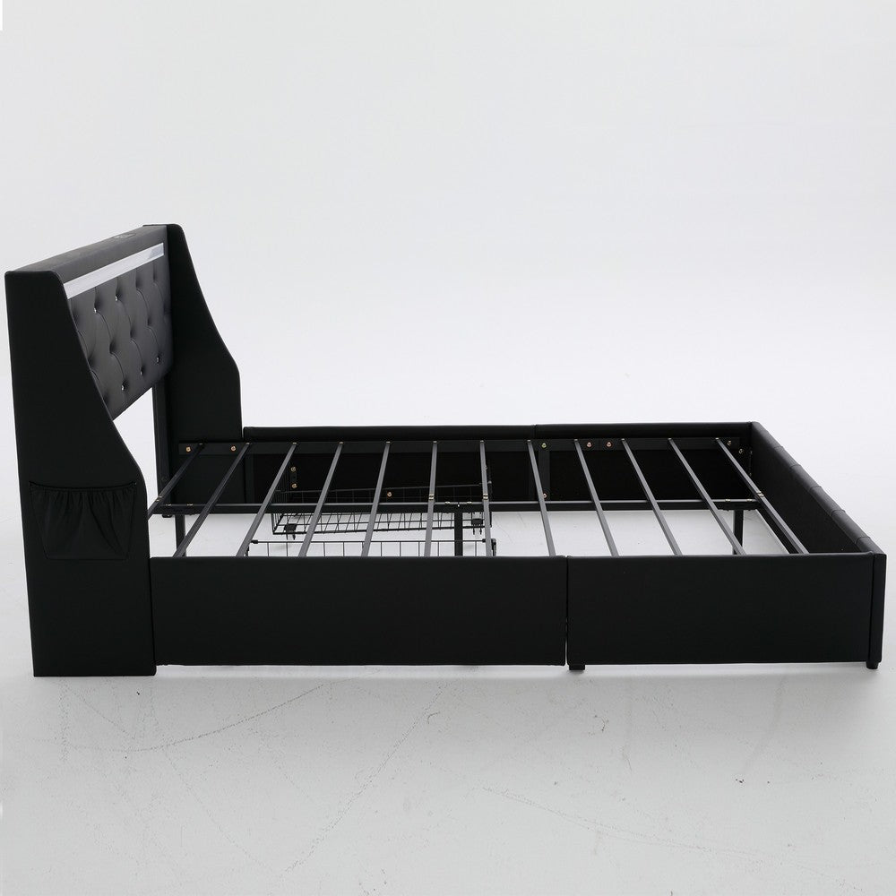Lesly Storage Full Bed | LED Wingback Headboard | Black Faux Leather