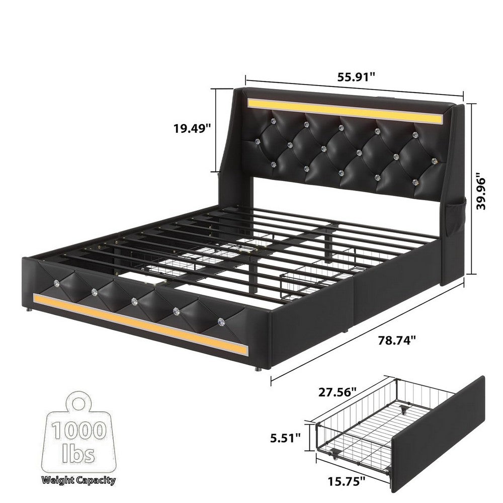 Lesly Storage Full Bed | LED Wingback Headboard | Black Faux Leather
