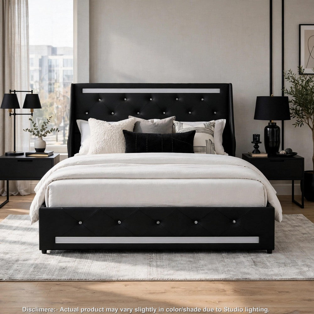 Lesly Storage Full Bed | LED Wingback Headboard | Black Faux Leather