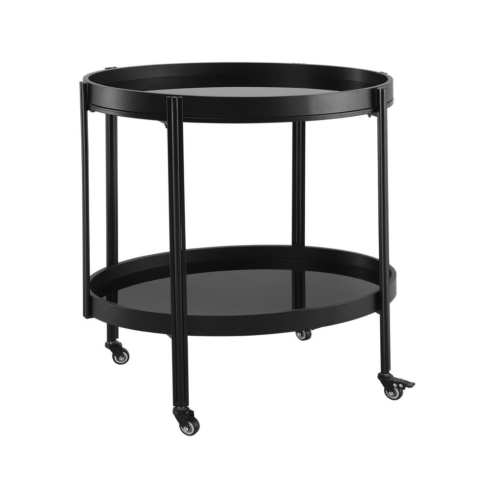 Wyna Serving Bar Cart with Tempered Glass Shelves | Casters | Black Wood 31"