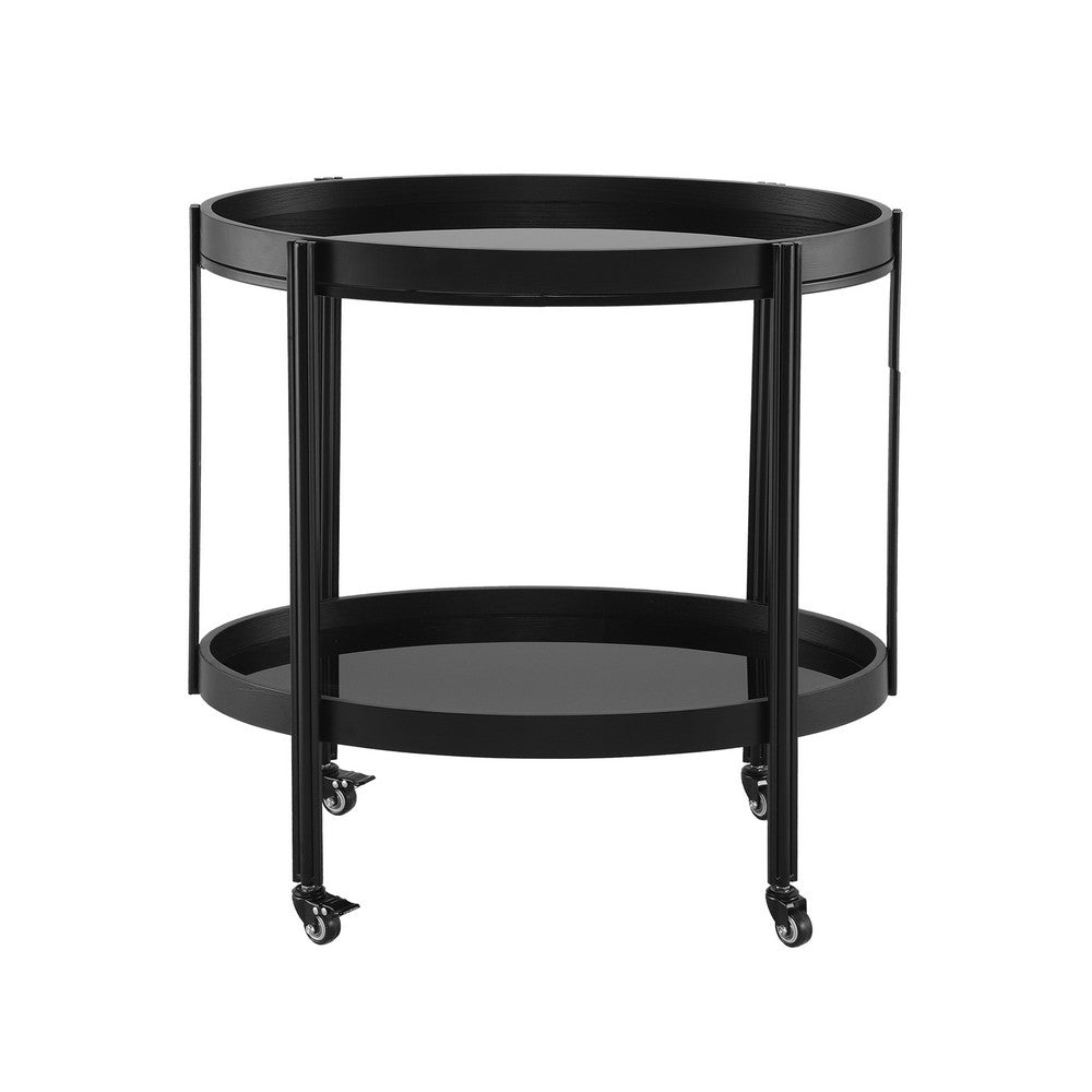 Wyna Serving Bar Cart with Tempered Glass Shelves | Casters | Black Wood 31"