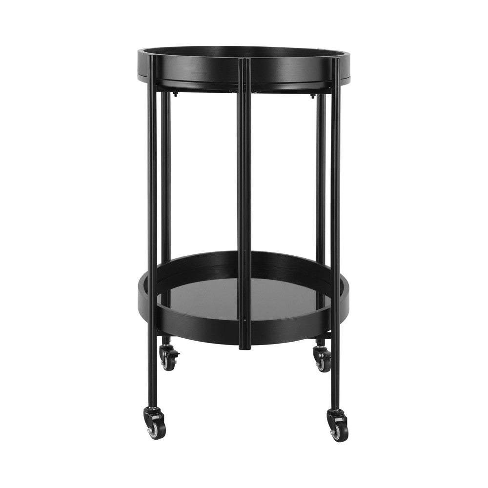 Wyna Serving Bar Cart with Tempered Glass Shelves | Casters | Black Wood 31"