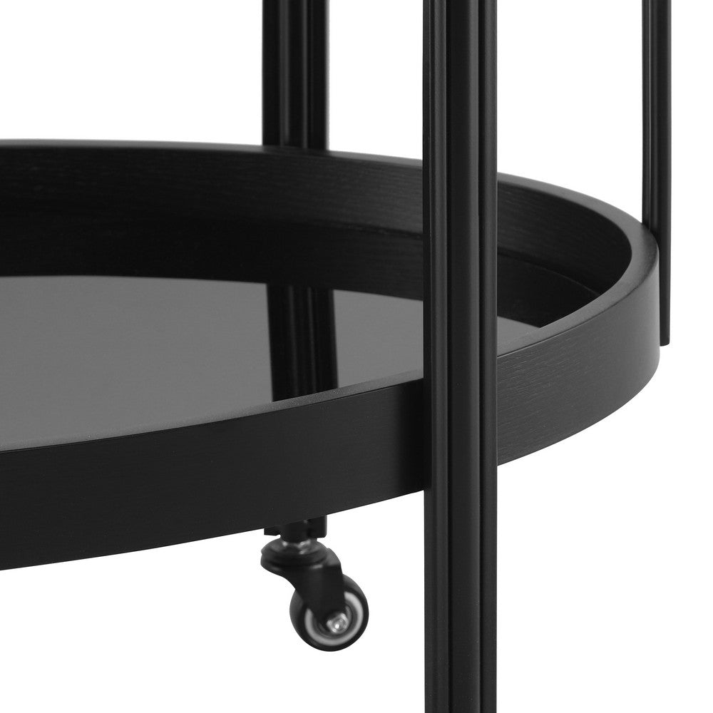 Wyna Serving Bar Cart with Tempered Glass Shelves | Casters | Black Wood 31"