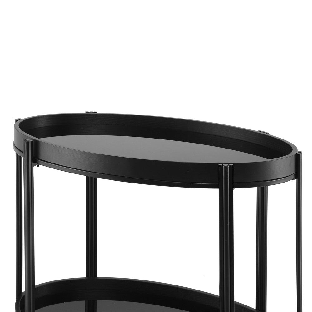 Wyna Serving Bar Cart with Tempered Glass Shelves | Casters | Black Wood 31"