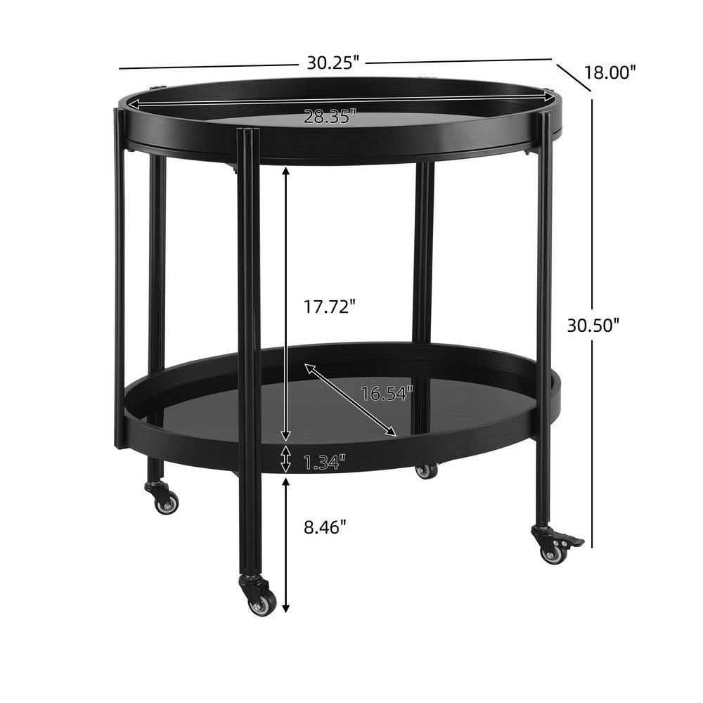 Wyna Serving Bar Cart with Tempered Glass Shelves | Casters | Black Wood 31"
