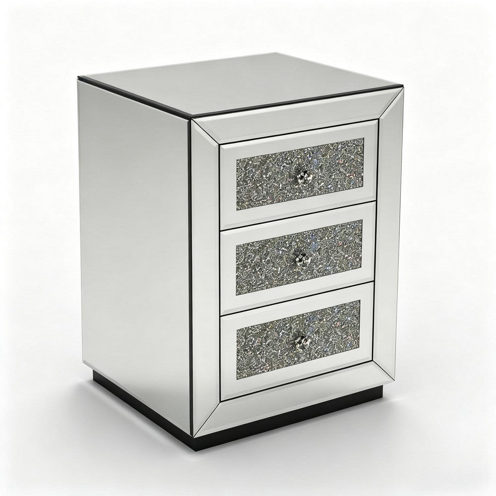Lily Mirrored Nightstand | 3-Drawers | Glass Front Panels | Silver Wood
