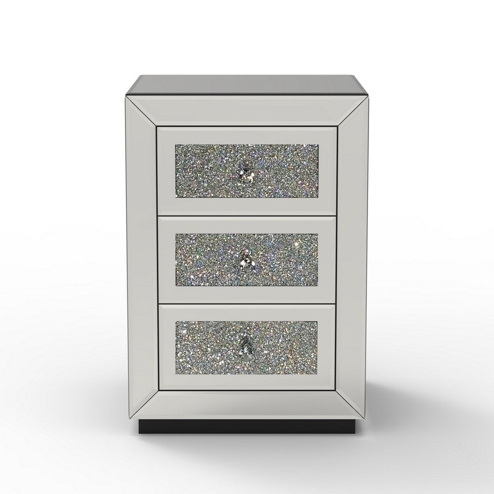 Lily Mirrored Nightstand | 3-Drawers | Glass Front Panels | Silver Wood