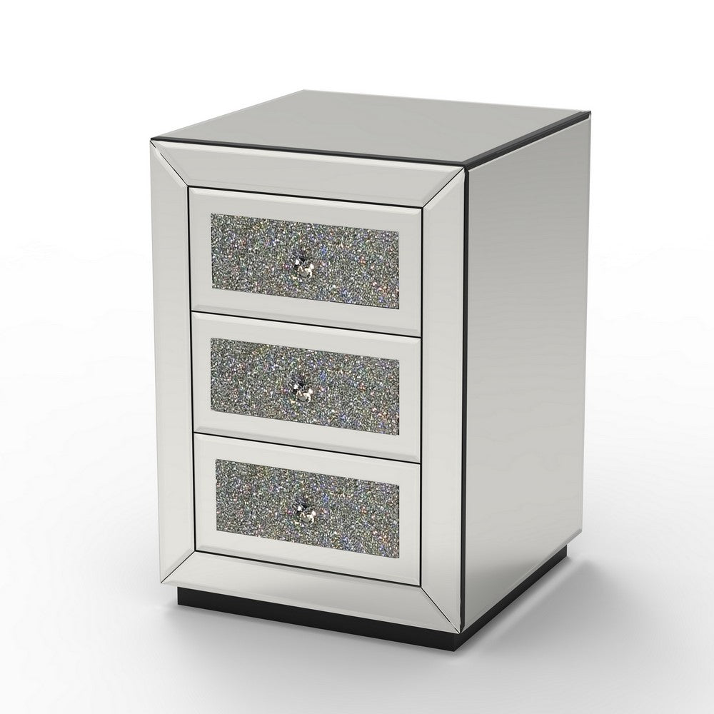 Lily Mirrored Nightstand | 3-Drawers | Glass Front Panels | Silver Wood
