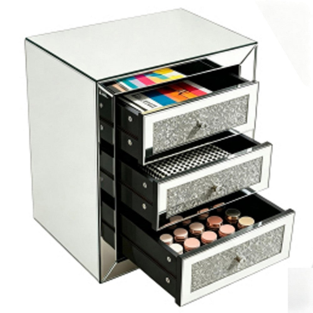 Lily Mirrored Nightstand | 3-Drawers | Glass Front Panels | Silver Wood