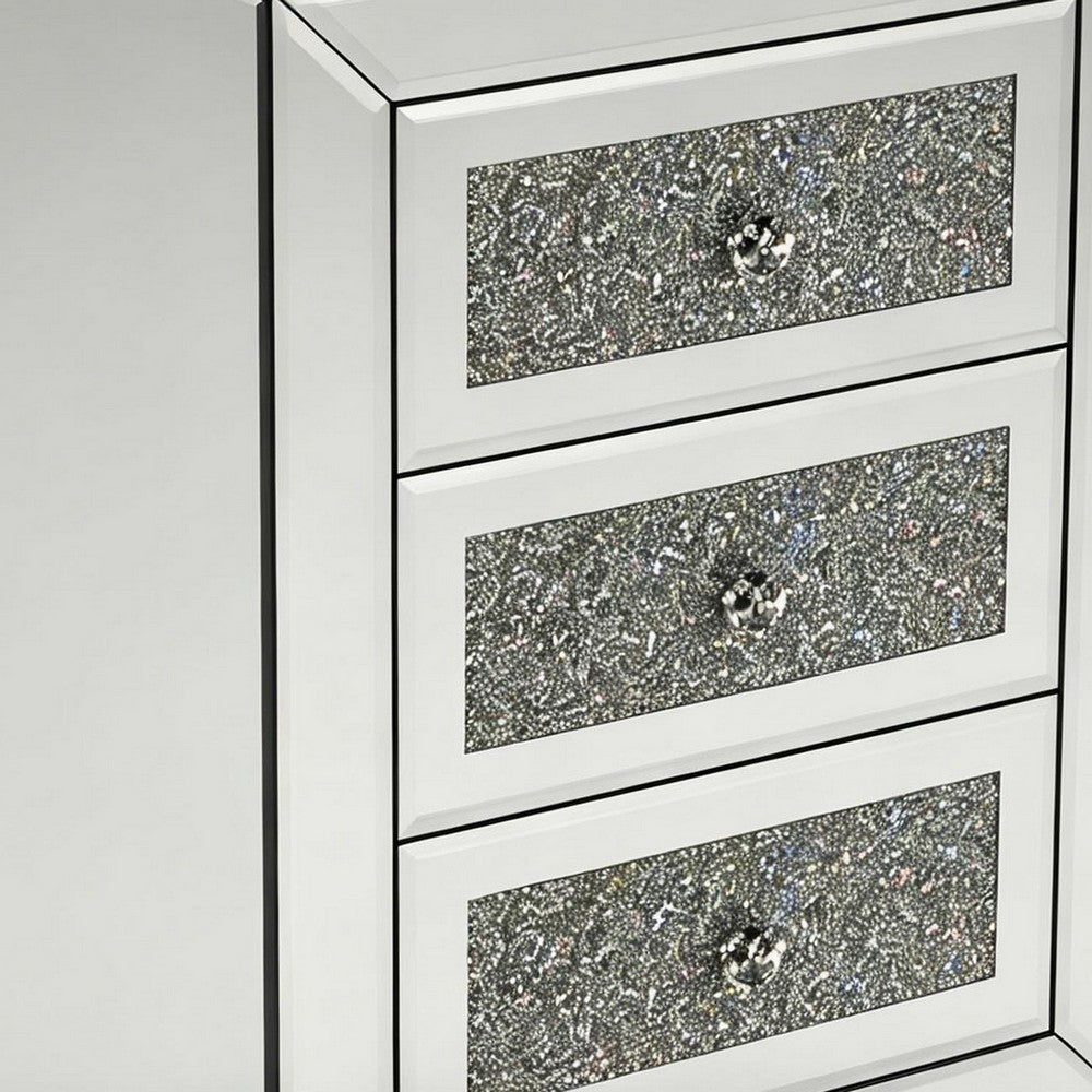 Lily Mirrored Nightstand | 3-Drawers | Glass Front Panels | Silver Wood