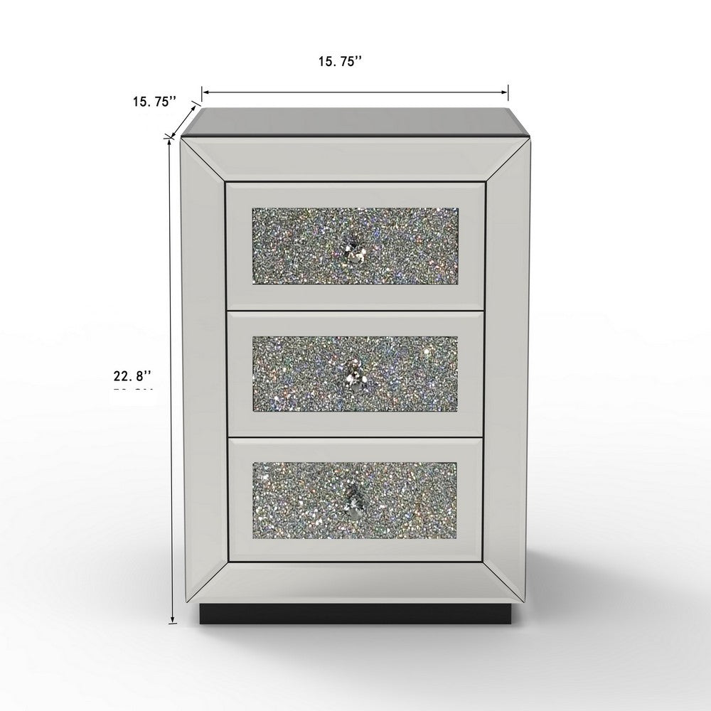 Lily Mirrored Nightstand | 3-Drawers | Glass Front Panels | Silver Wood