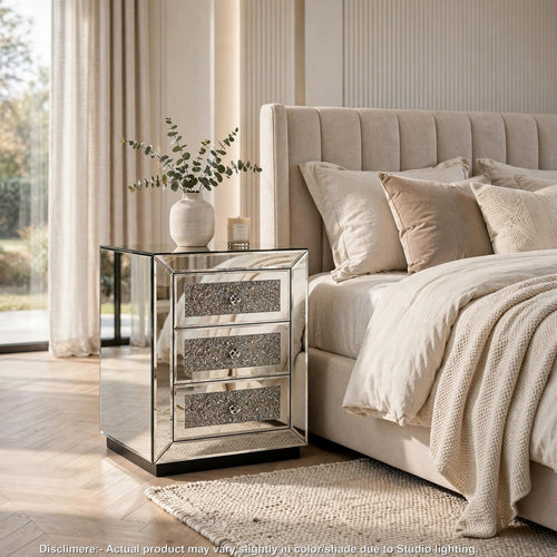 Lily Mirrored Nightstand | 3-Drawers | Glass Front Panels | Silver Wood