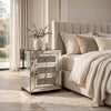 Lily Mirrored Nightstand | 3-Drawers | Glass Front Panels | Silver Wood