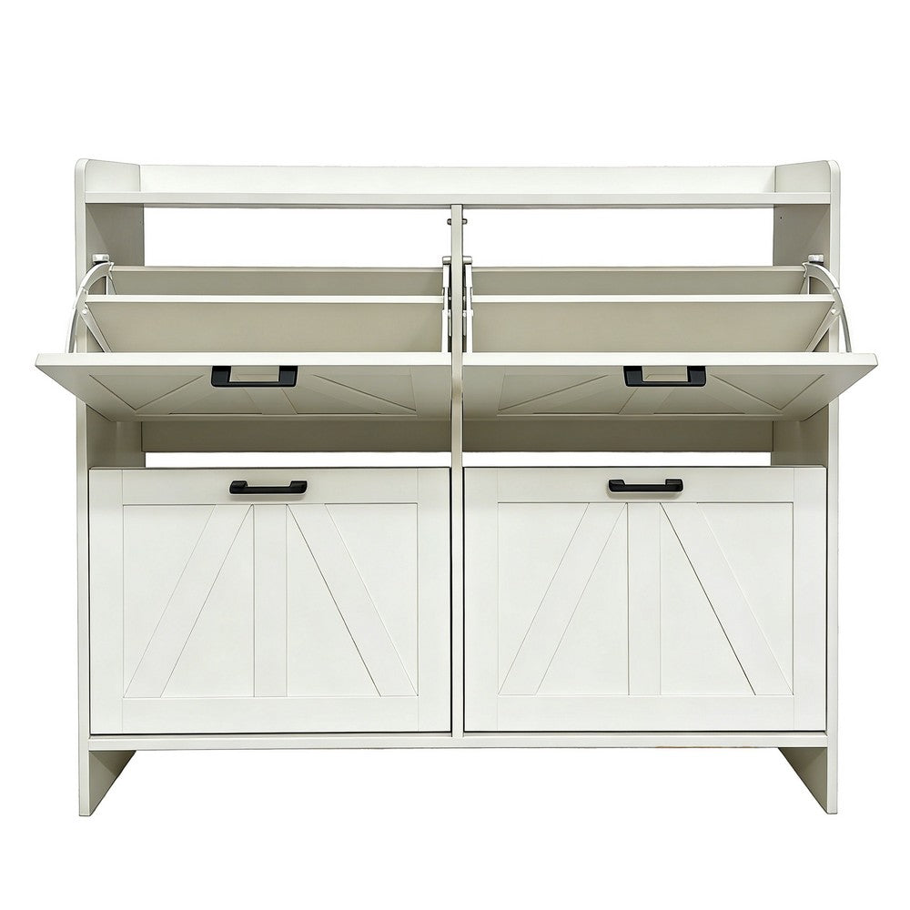 Miney Shoe Cabinet with 4 Flip Drawers | Barn Doors Set | White Wood 42"
