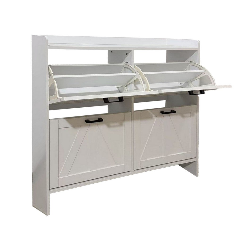 Miney Shoe Cabinet with 4 Flip Drawers | Barn Doors Set | White Wood 42"