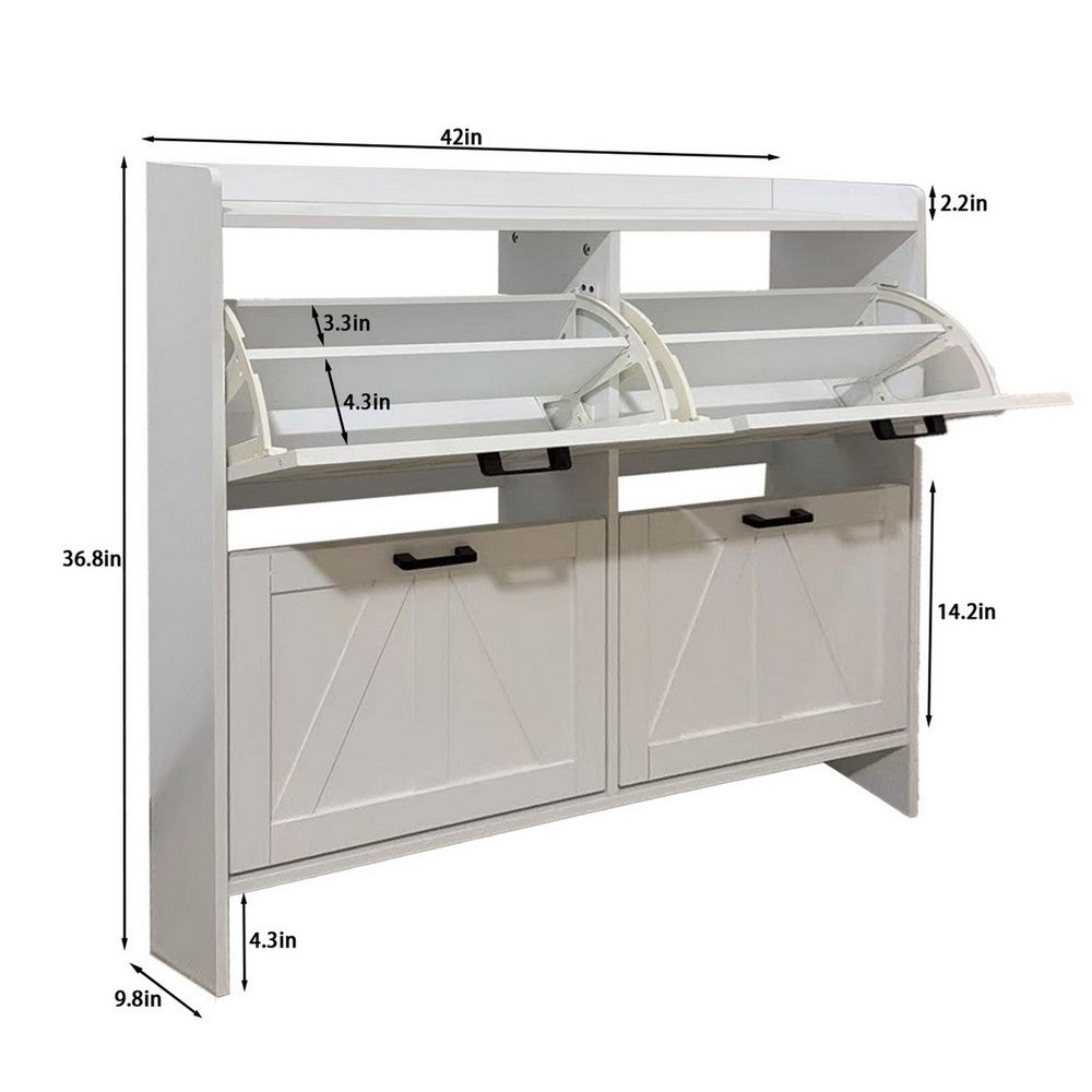 Miney Shoe Cabinet with 4 Flip Drawers | Barn Doors Set | White Wood 42"
