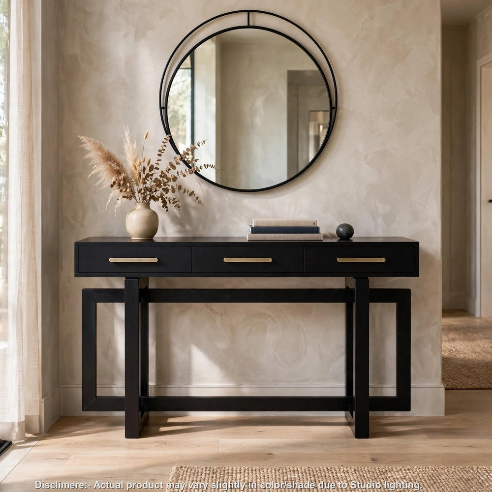 Gracie Console Table with 3 Drawers and Iron Handle Design | Black Wood 57"