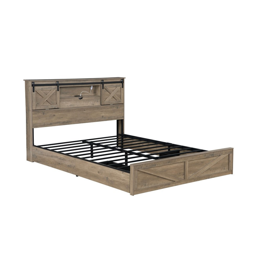 Amna Farmhouse King Bed | LED Storage and Charging Station | Gray Wood