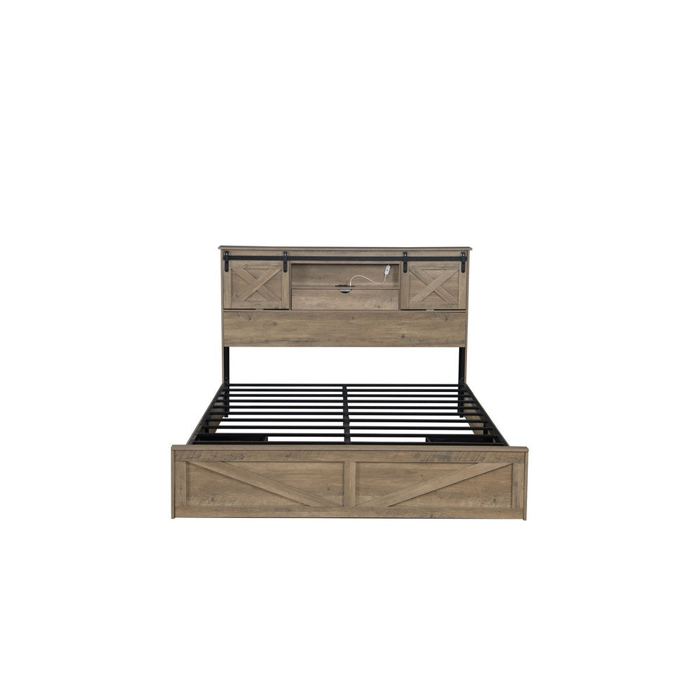 Amna Farmhouse King Bed | LED Storage and Charging Station | Gray Wood