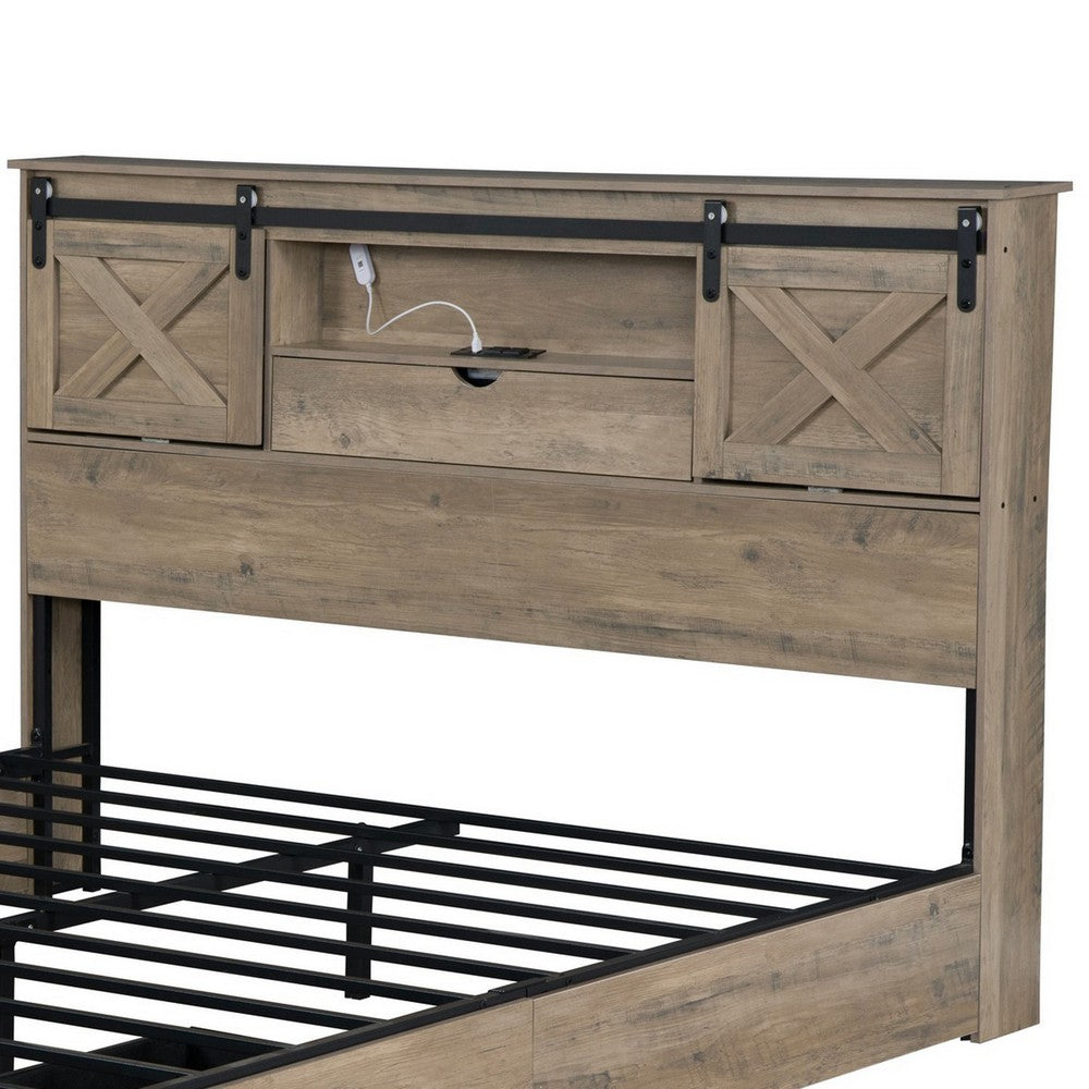 Amna Farmhouse King Bed | LED Storage and Charging Station | Gray Wood