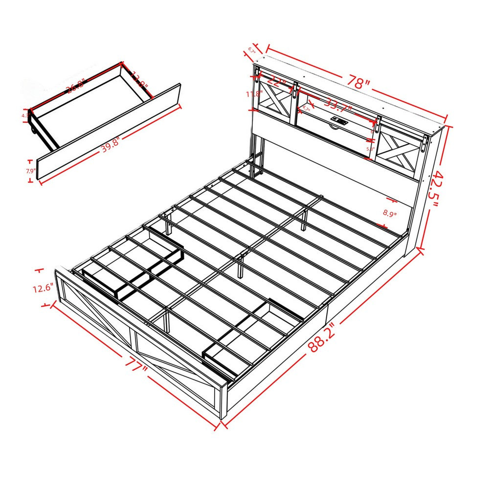 Amna Farmhouse King Bed | LED Storage and Charging Station | Gray Wood