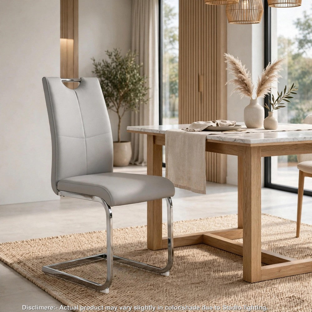 Waldy Dining Chairs | Chrome Metal Base | Set of 2 | Gray Faux Leather