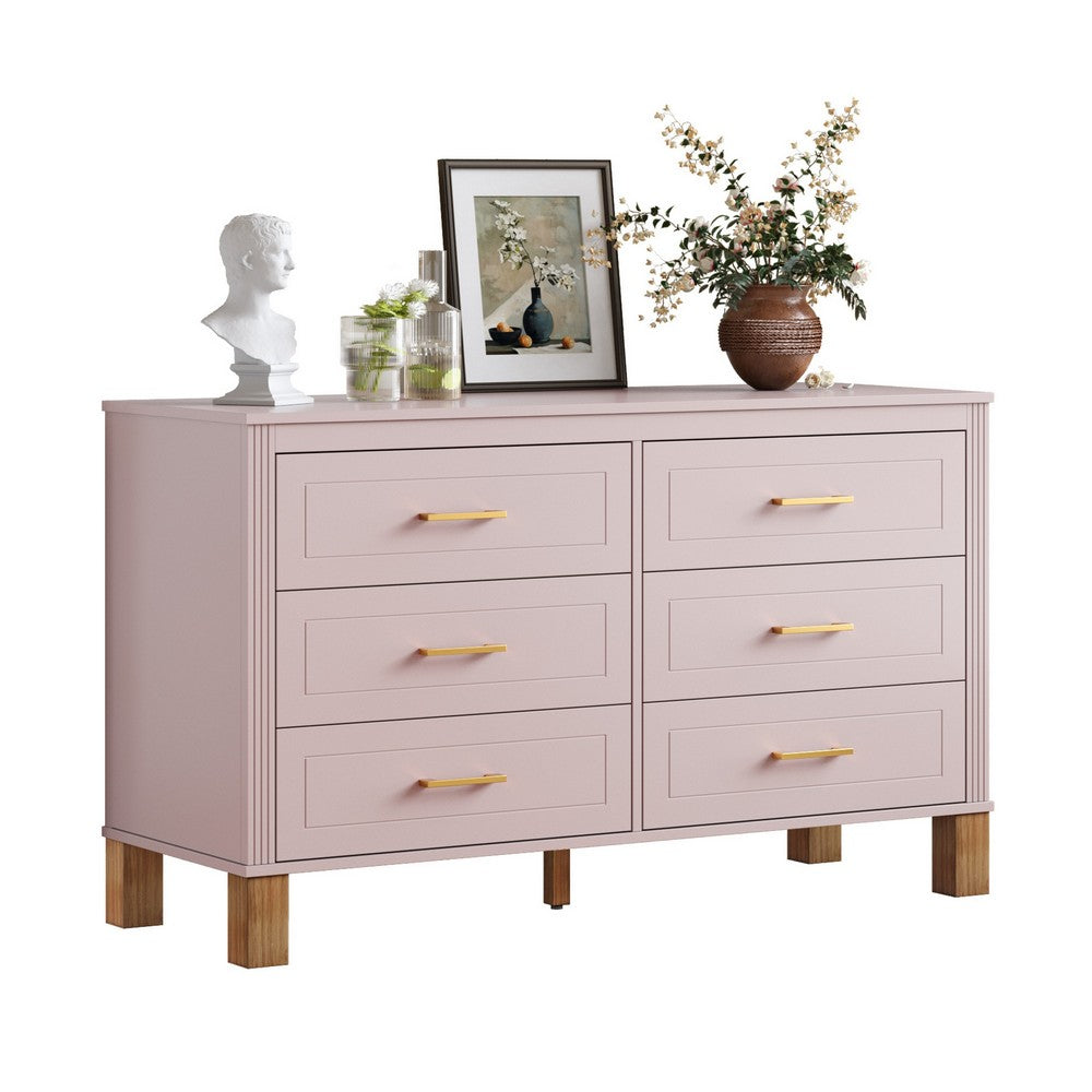 Rique Wide Dresser | 6 Drawers | Brown Wood Legs | Gold Metal Handles | Pink