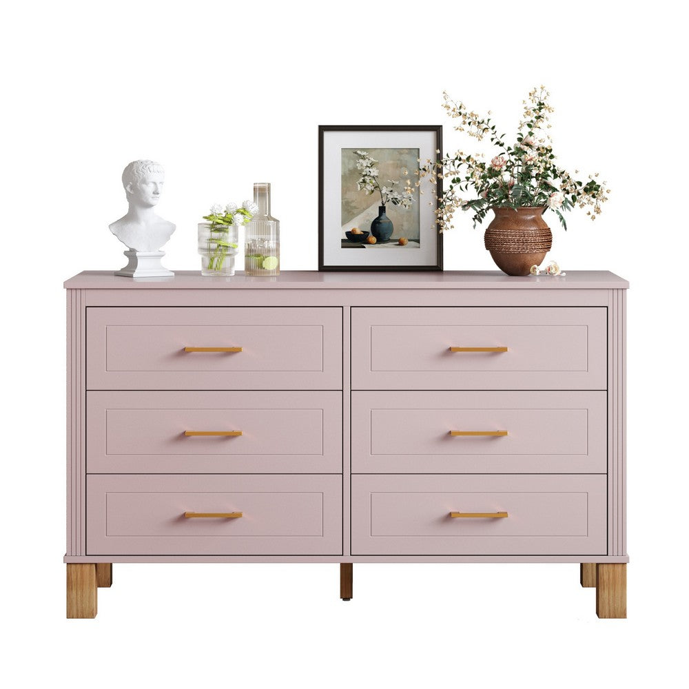 Rique Wide Dresser | 6 Drawers | Brown Wood Legs | Gold Metal Handles | Pink