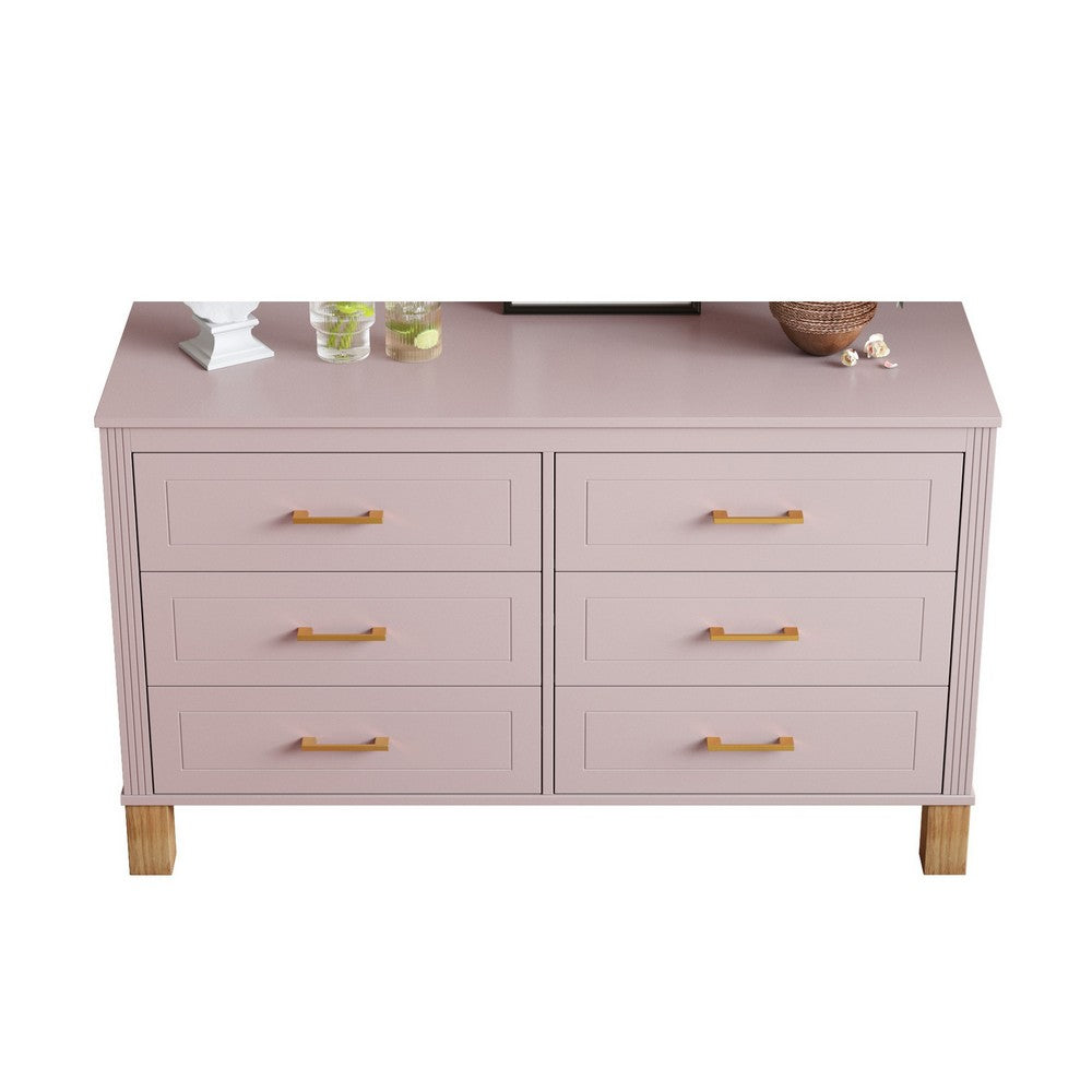 Rique Wide Dresser | 6 Drawers | Brown Wood Legs | Gold Metal Handles | Pink