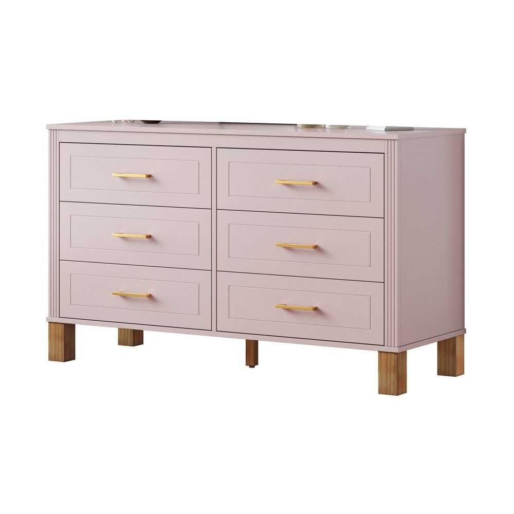 Rique Wide Dresser | 6 Drawers | Brown Wood Legs | Gold Metal Handles | Pink