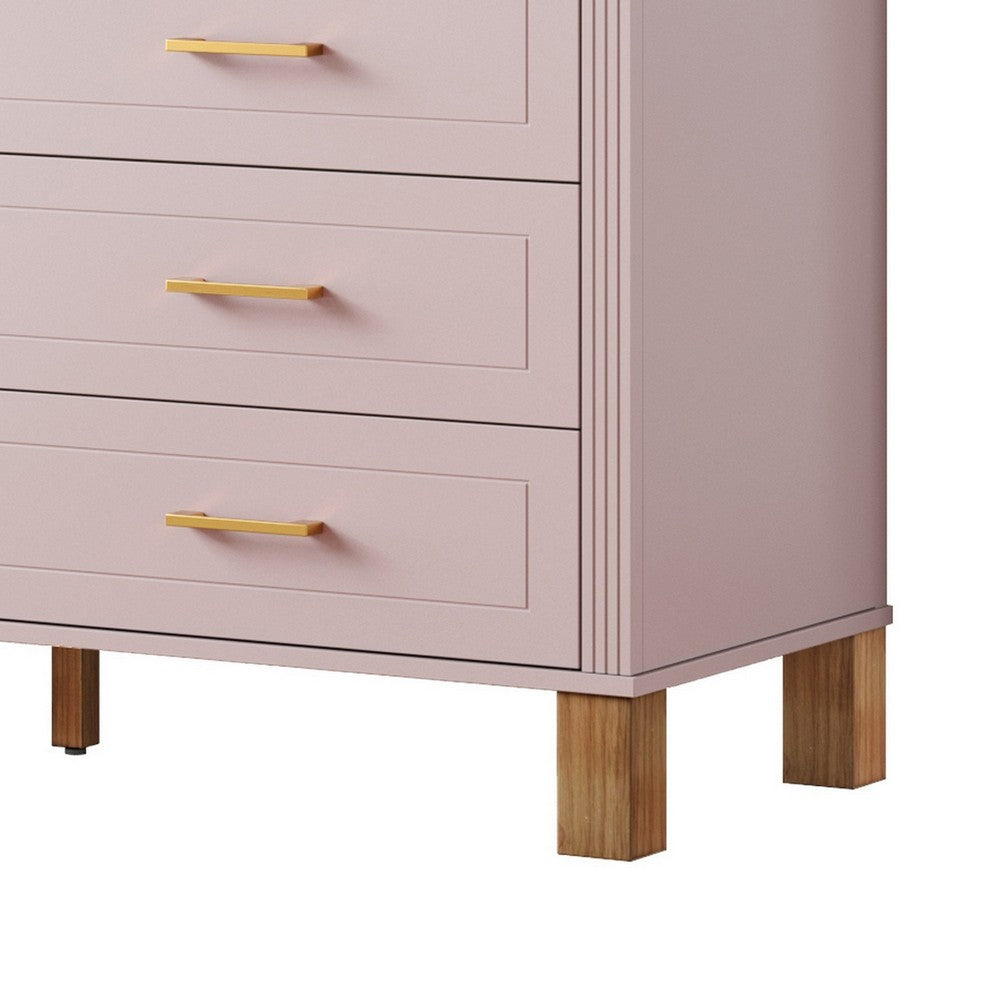 Rique Wide Dresser | 6 Drawers | Brown Wood Legs | Gold Metal Handles | Pink