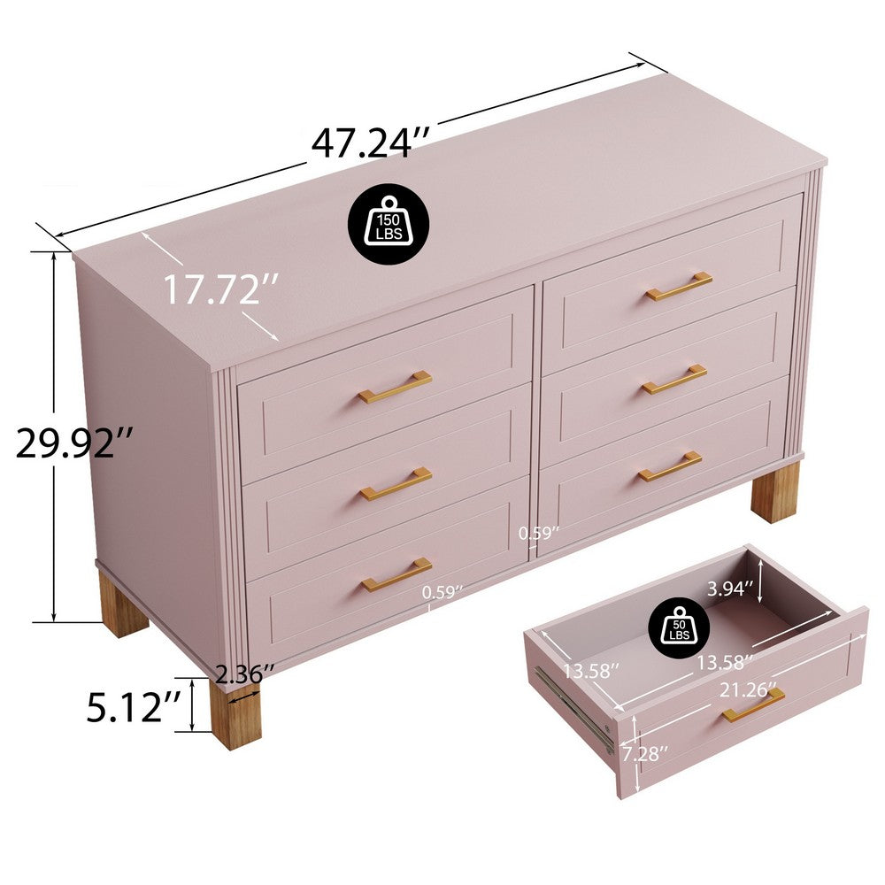 Rique Wide Dresser | 6 Drawers | Brown Wood Legs | Gold Metal Handles | Pink