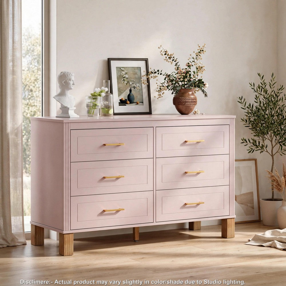 Rique Wide Dresser | 6 Drawers | Brown Wood Legs | Gold Metal Handles | Pink