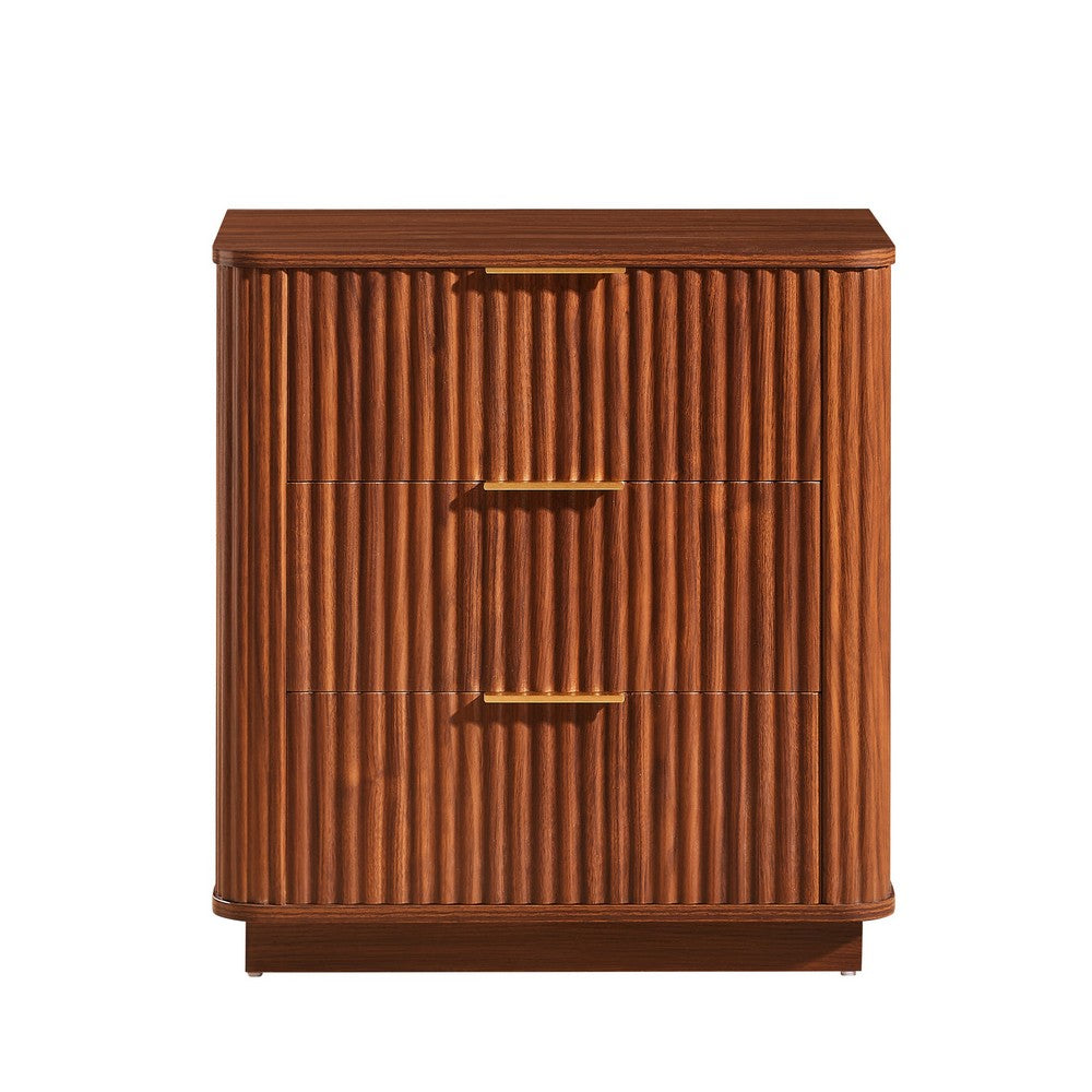 Macky Fluted Wave Nightstand with 3 Drawers | Set of 2 | Walnut Brown