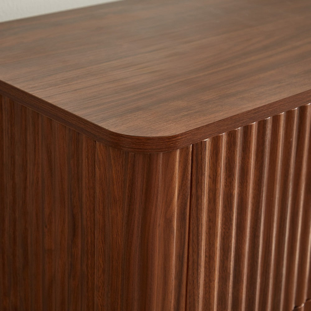 Macky Fluted Wave Nightstand with 3 Drawers | Set of 2 | Walnut Brown