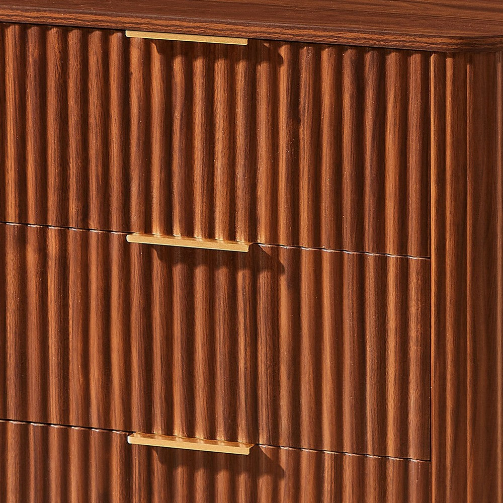 Macky Fluted Wave Nightstand with 3 Drawers | Set of 2 | Walnut Brown