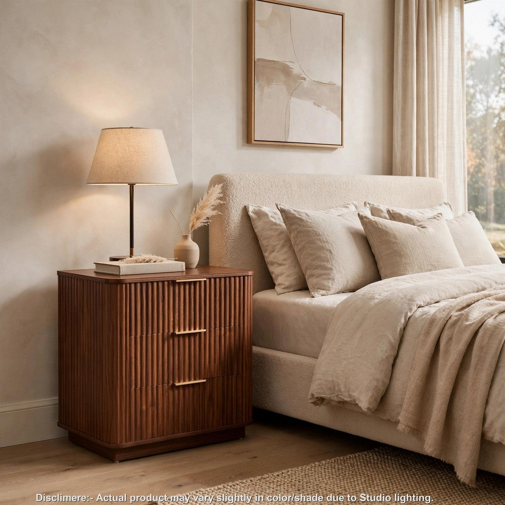 Macky Fluted Wave Nightstand with 3 Drawers | Set of 2 | Walnut Brown