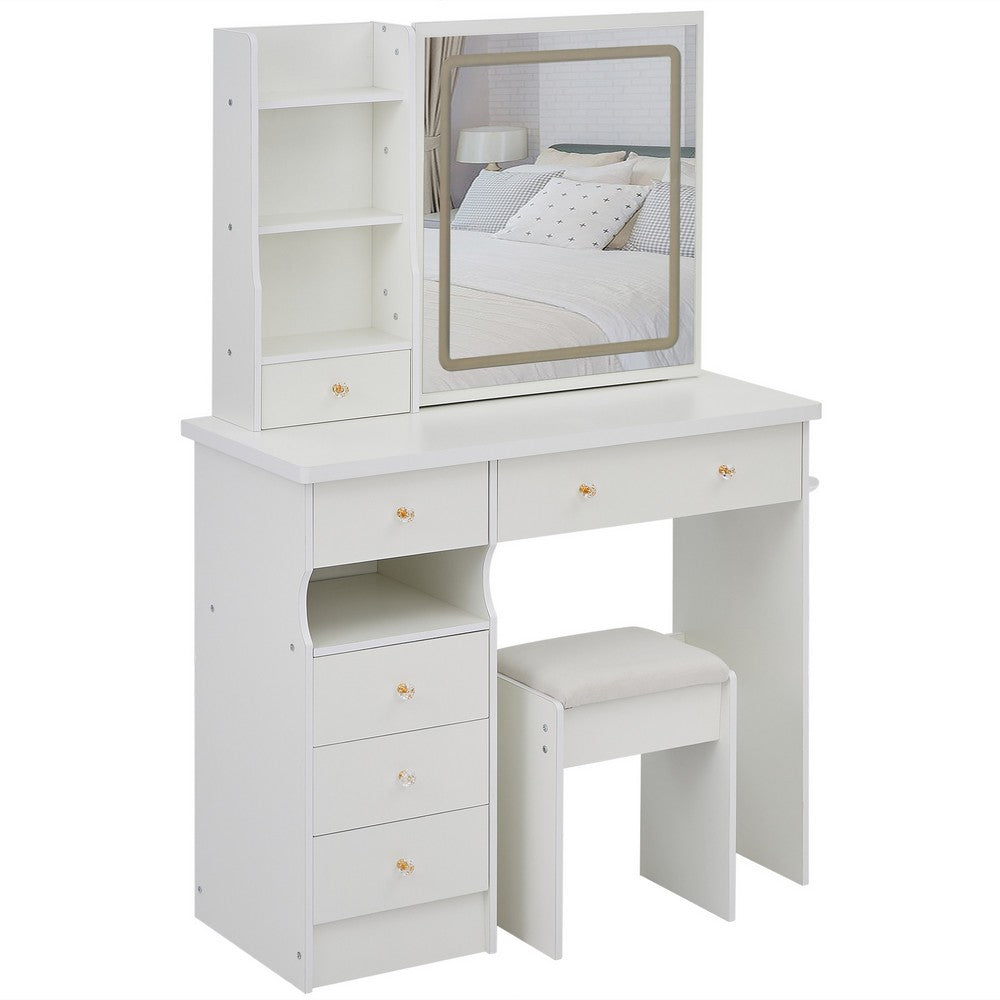 Rocky 2pc LED Vanity Desk Set w Stool | USB Charging | Sliding Mirror | White
