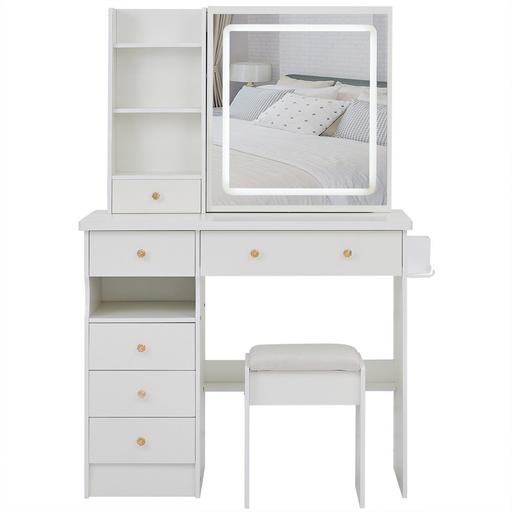 Rocky 2pc LED Vanity Desk Set w Stool | USB Charging | Sliding Mirror | White