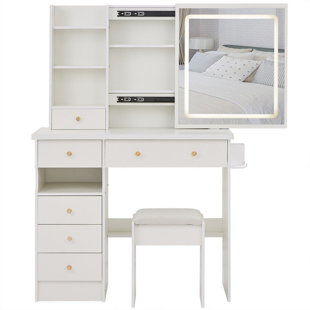 Rocky 2pc LED Vanity Desk Set w Stool | USB Charging | Sliding Mirror | White