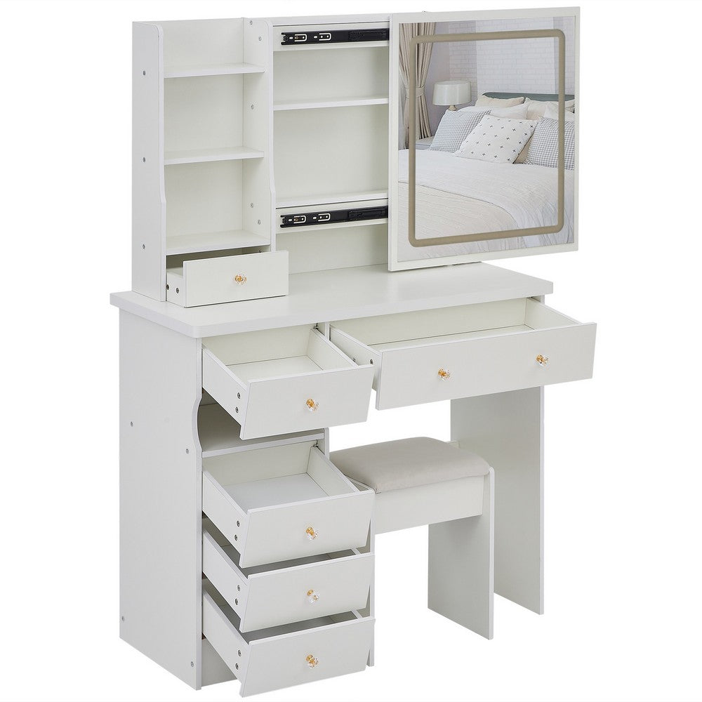 Rocky 2pc LED Vanity Desk Set w Stool | USB Charging | Sliding Mirror | White
