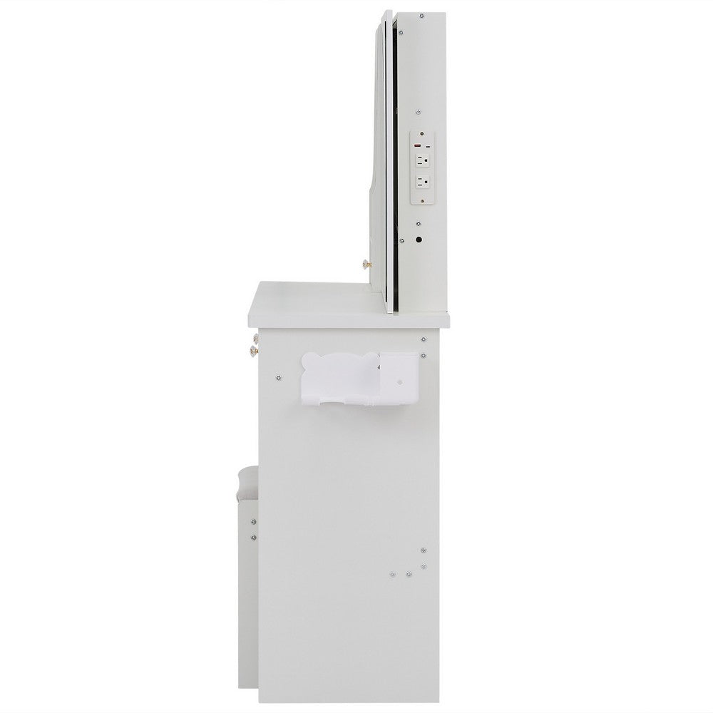Rocky 2pc LED Vanity Desk Set w Stool | USB Charging | Sliding Mirror | White