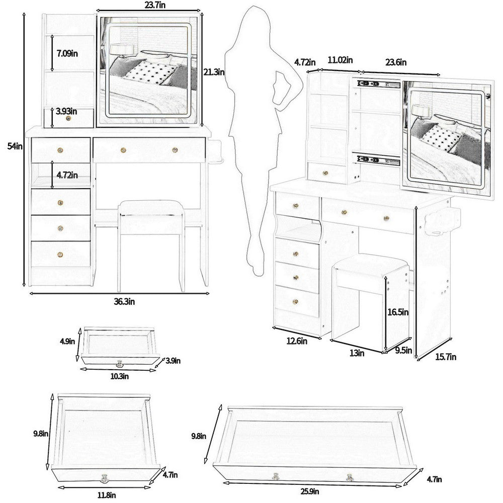 Rocky 2pc LED Vanity Desk Set w Stool | USB Charging | Sliding Mirror | White