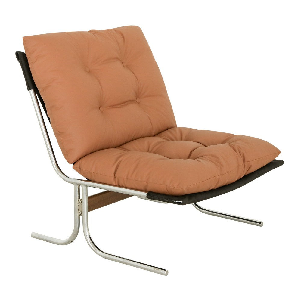 Edens Accent Chair with Chrome Metal Frame | Brown Tufted Faux Leather