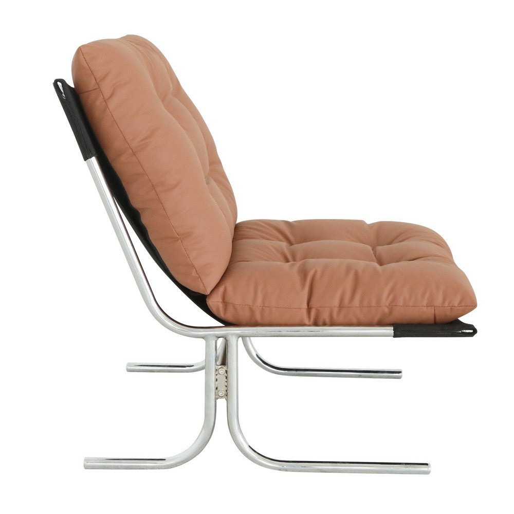 Edens Accent Chair with Chrome Metal Frame | Brown Tufted Faux Leather