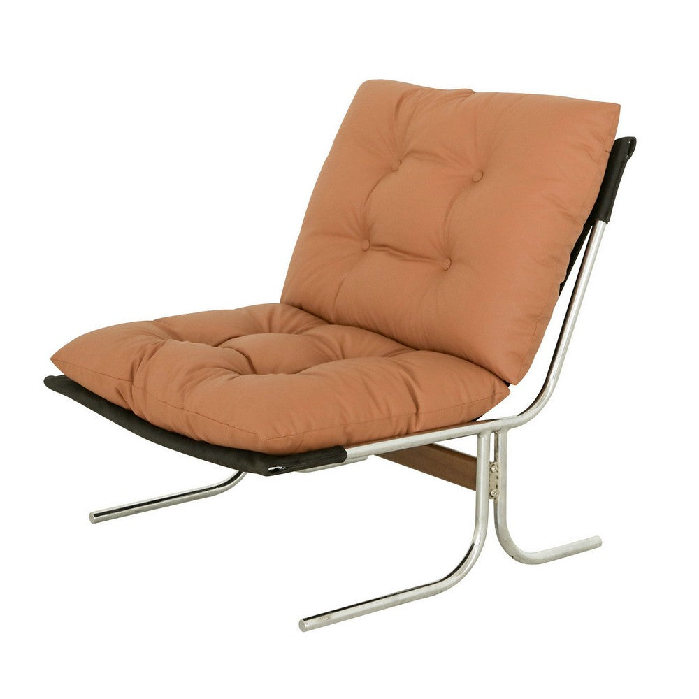 Edens Accent Chair with Chrome Metal Frame | Brown Tufted Faux Leather