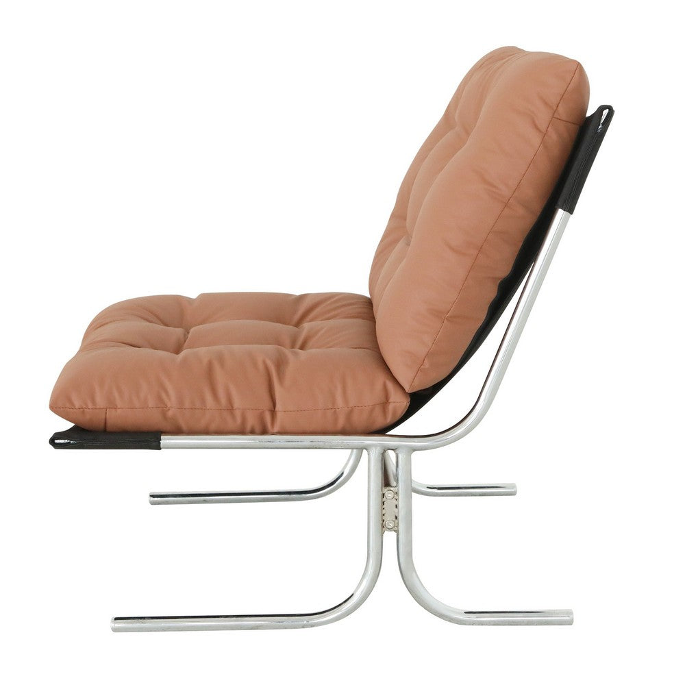 Edens Accent Chair with Chrome Metal Frame | Brown Tufted Faux Leather