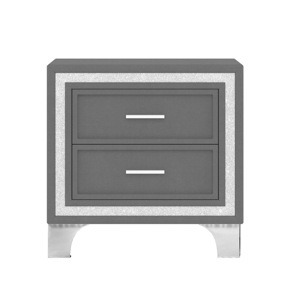 Lizzy Nightstand with Glitter Trim | Metal Legs | 2 Drawers | Gray Velvet
