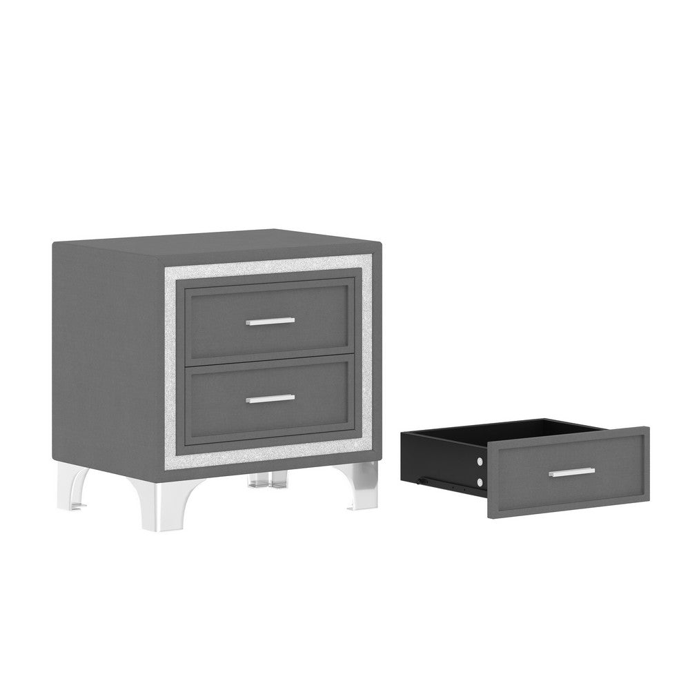 Lizzy Nightstand with Glitter Trim | Metal Legs | 2 Drawers | Gray Velvet